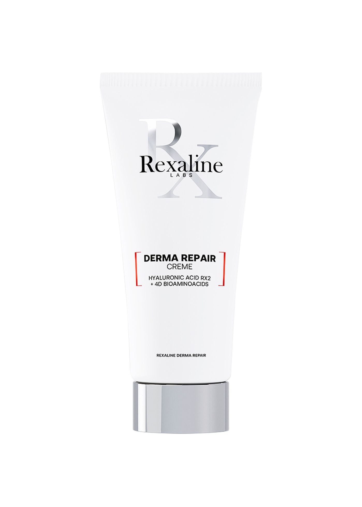 Weiße Tube mit silbernem Verschluss. Aufschrift: Rexaline Labs, Derma Repair Creme, Hyaluronsäure RX2 + 4D Bioaminosäuren.