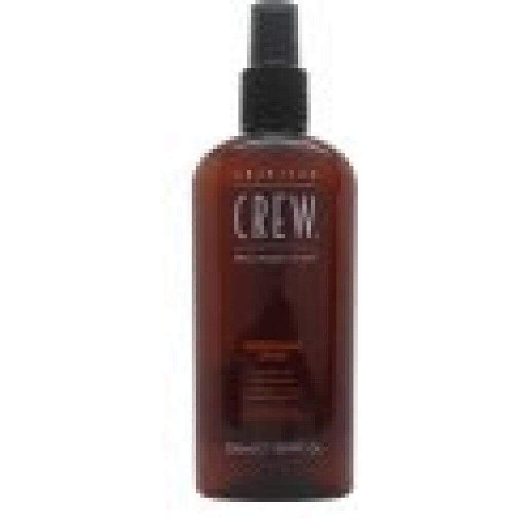 Braune Flasche mit schwarzem Sprühkopf. Aufschrift: AMERICAN CREW, Grooming Spray. Volumen: 250ml / 8.4 fl oz.
