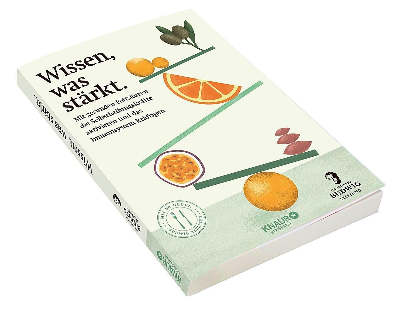 Buch « Wissen, was stärkt » in Schrägansicht. Cover mit Obst-Illustrationen und Schriftzug. KNAUR-Logo und Budwig-Stiftung.