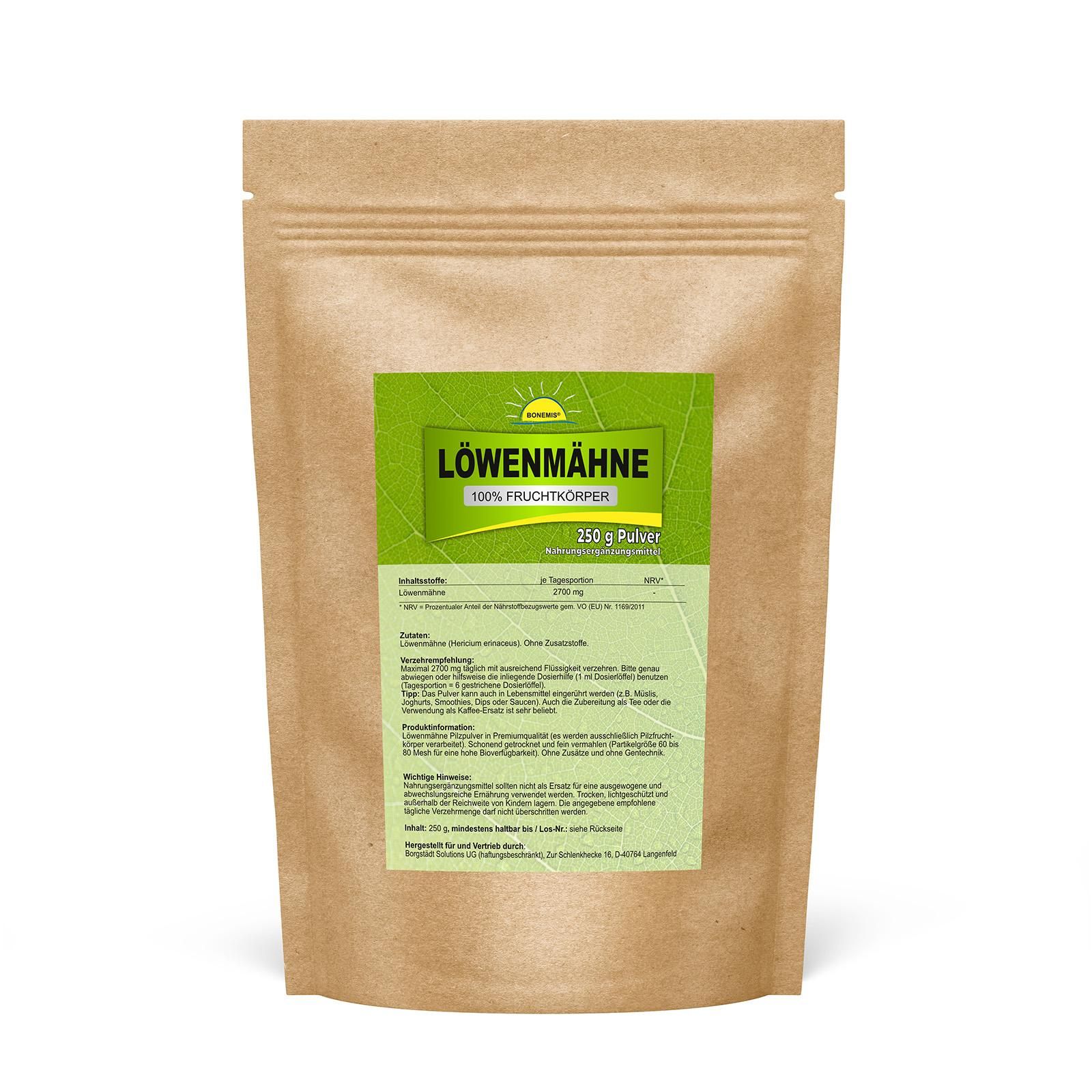 Bonemis® Löwenmähne, hochreine Premiumqualität (100% Fruchtkörper), ohne Zusätze 0,25 kg Pulver