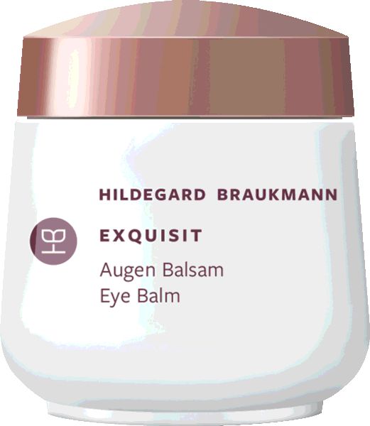 Weißer Tiegel mit rosafarbenem Deckel. Aufschrift: Hildegard Braukmann, Exquisit Augen Balsam, Eye Balm. Logo.