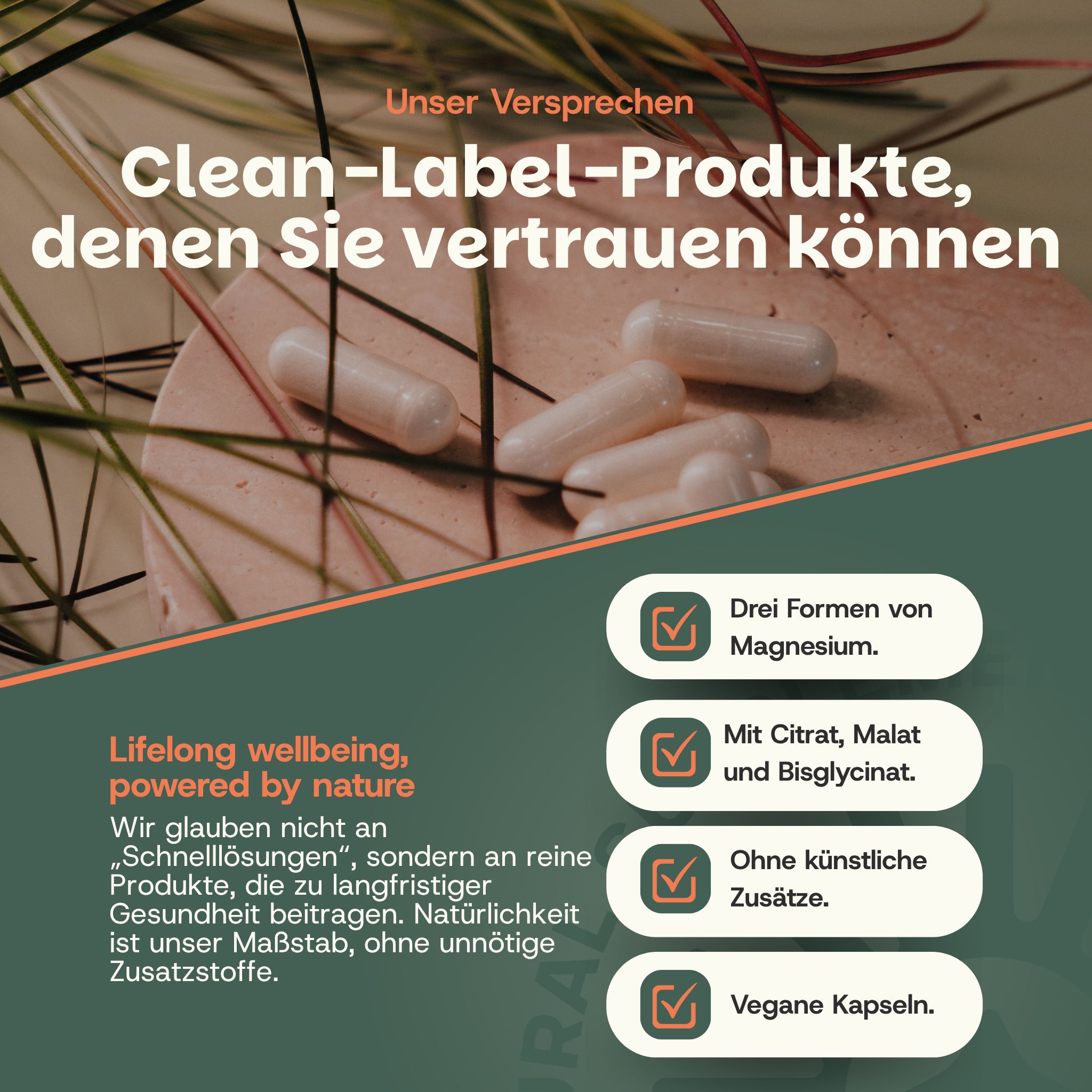 Weiße Magnesium-Kapseln, drei Formen von Magnesium, vegan, ohne Zusätze.