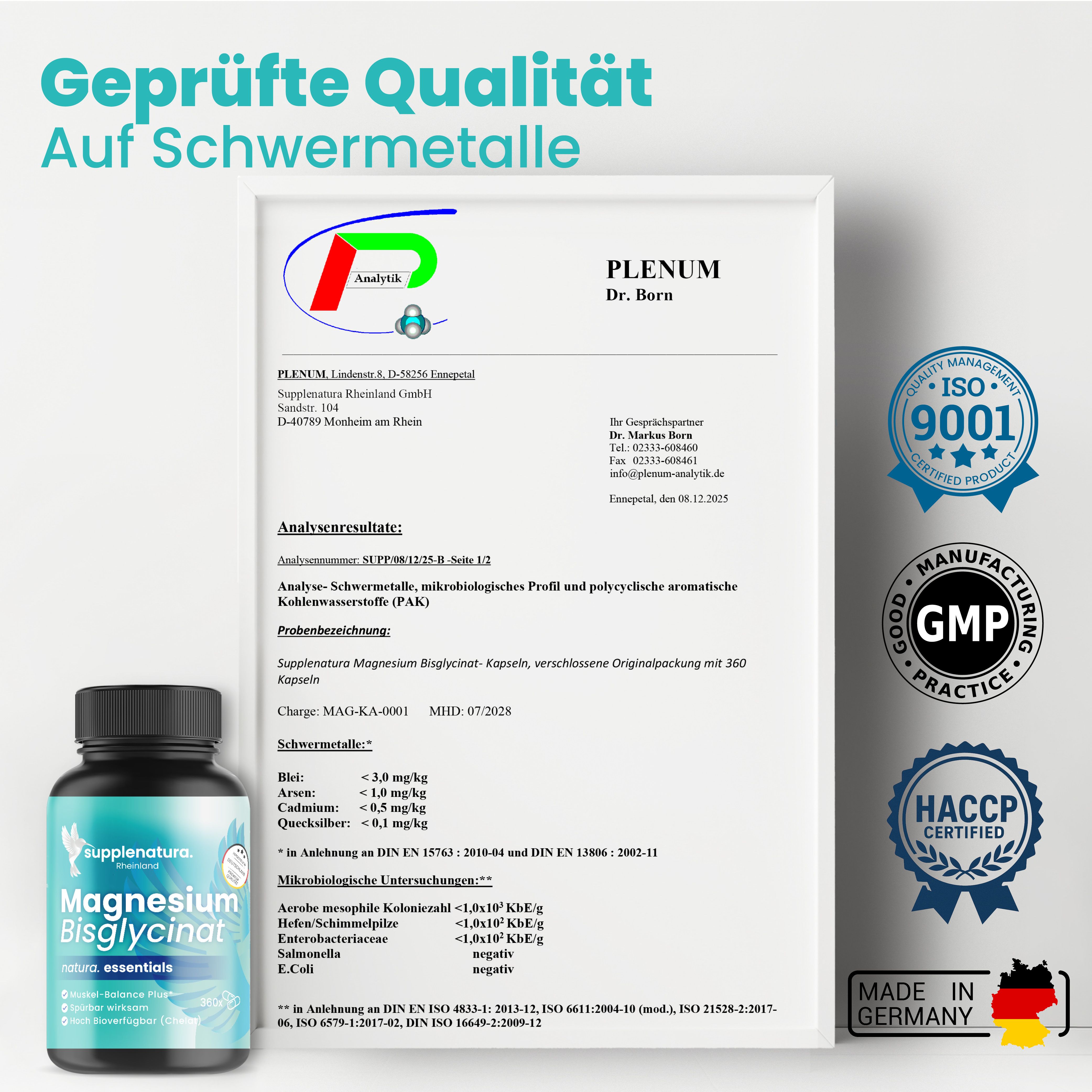 Zertifikat und Flasche mit Kapseln. Text: Geprüfte Qualität. Analyseergebnisse. GMP, HACCP, Made in Germany.