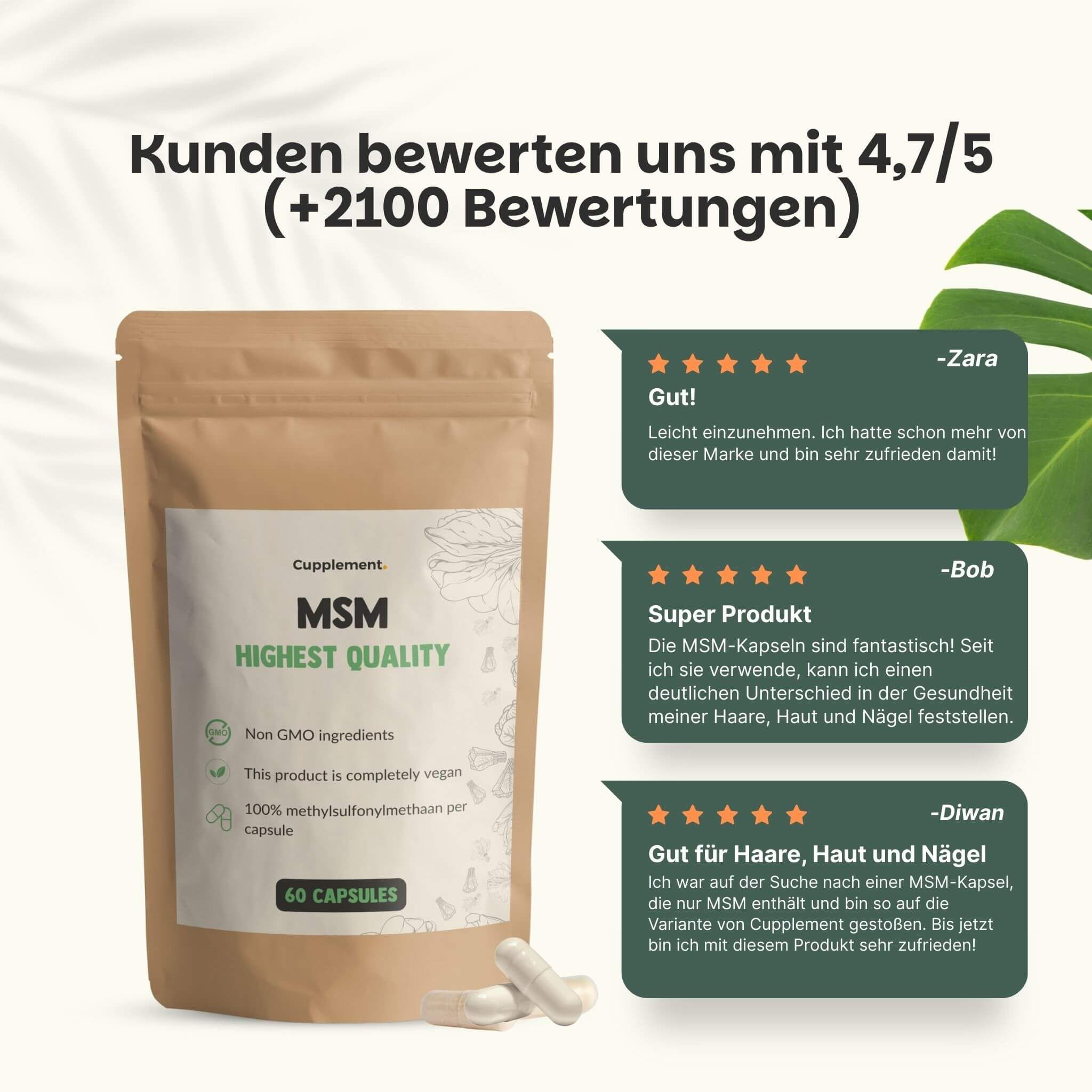 Beutel mit Kapseln und Bewertungen. Text: Cupplement MSM, 60 Kapseln. Kunden bewerten uns mit 4,7/5.