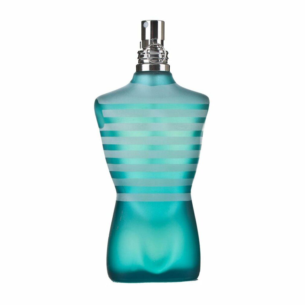 Blau-grüner Flakon in Torsoform mit silbernem Zerstäuber. Horizontale Streifen. Ohne Verpackung.