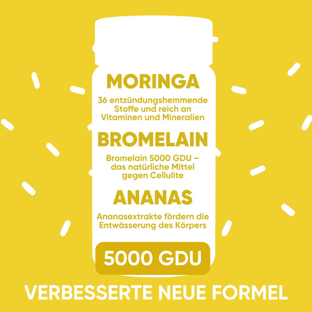 Flasche mit Moringa, Bromelain und Ananas-Extrakten. Enthält 36 entzündungshemmende Stoffe.