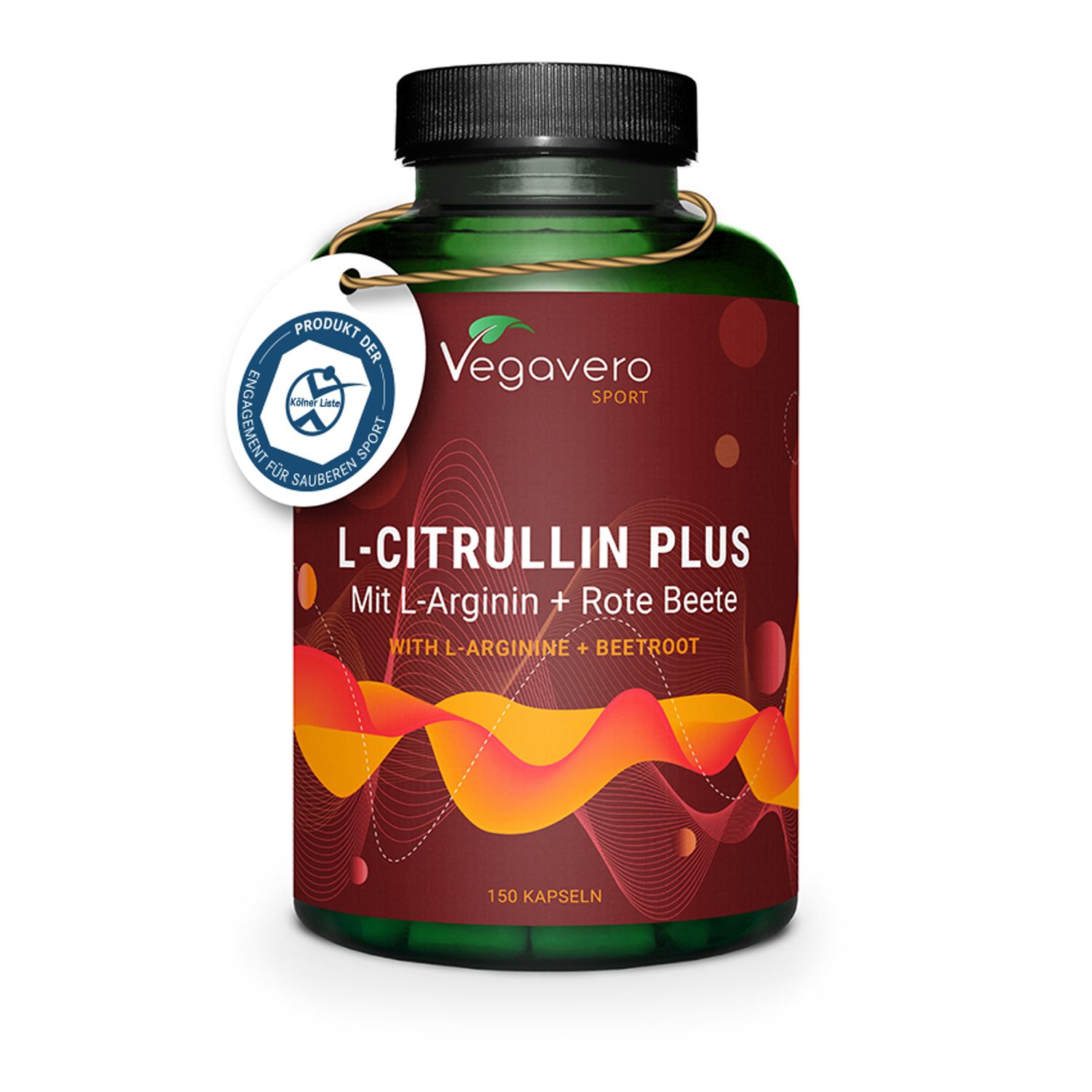 Grüne Flasche mit schwarzen Deckel. Aufschrift: L-Citrullin Plus. Anhänger mit Logo. Siegel: Produkt der sauberen Sport.