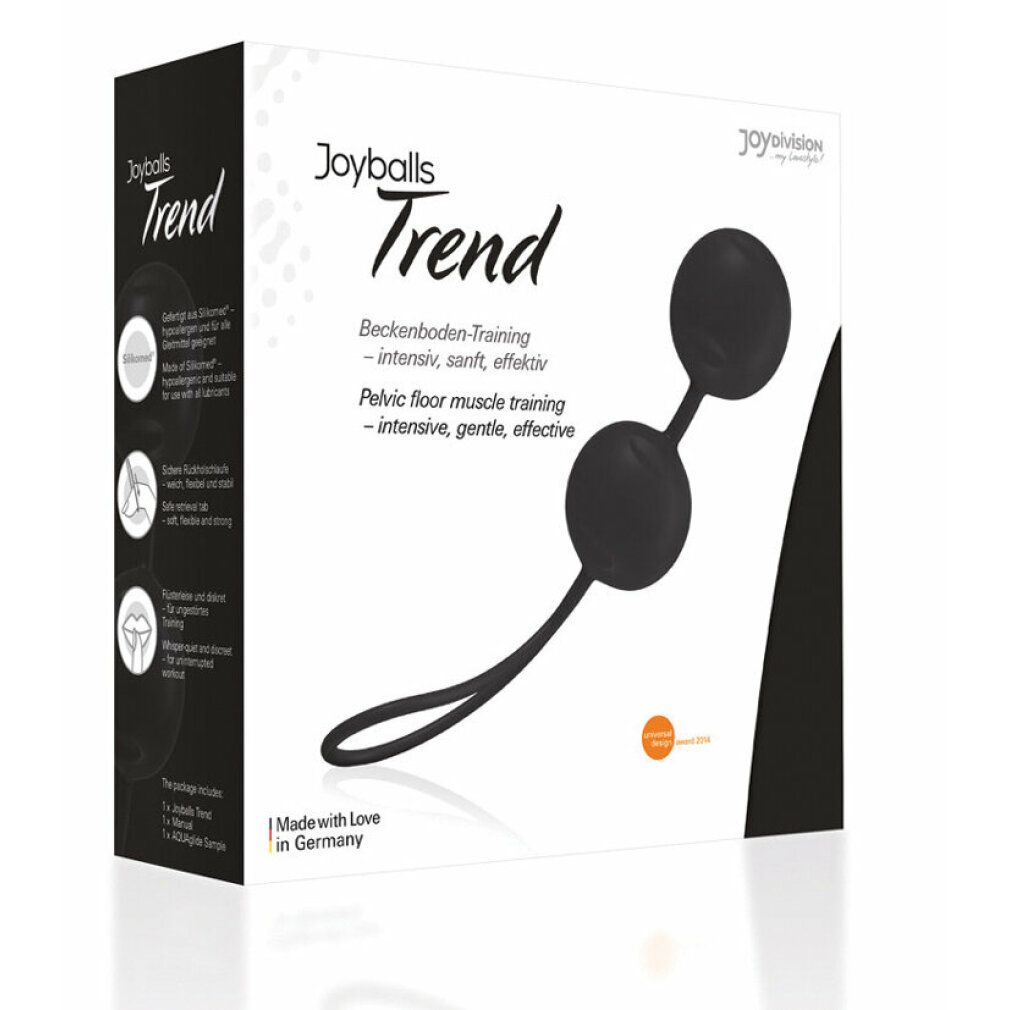 Verpackung von Joyballs Trend schwarz. Produkt und Text auf weißem Hintergrund. Mit Logo und Zertifizierung.