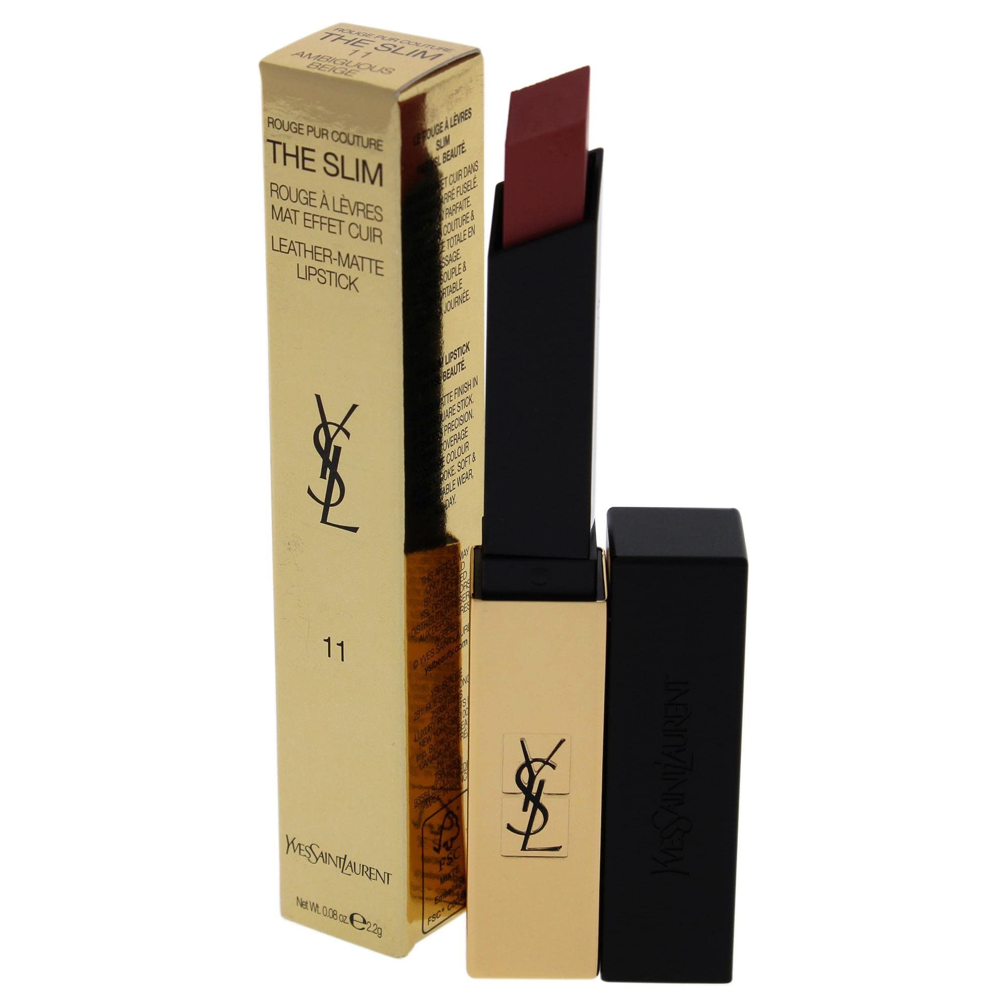 Lippenstift mit Verpackung. Goldene Schachtel mit Produktname und Logo. Schwarzer Lippenstift, geöffnet.