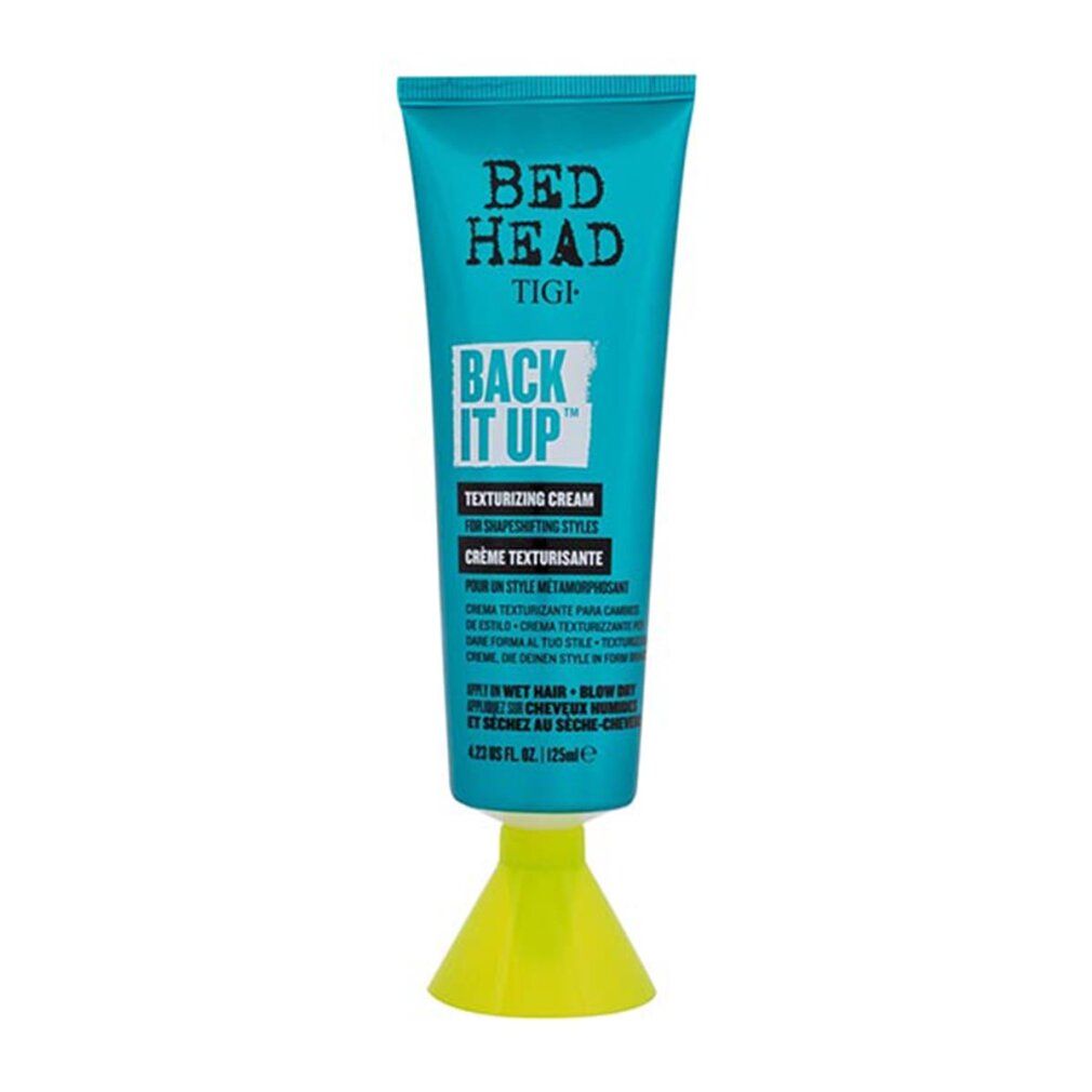 Türkisfarbene Tube mit gelbem Fuß. Aufschrift: Bed Head TIGI Back It Up Texturizing Cream. 125ml.