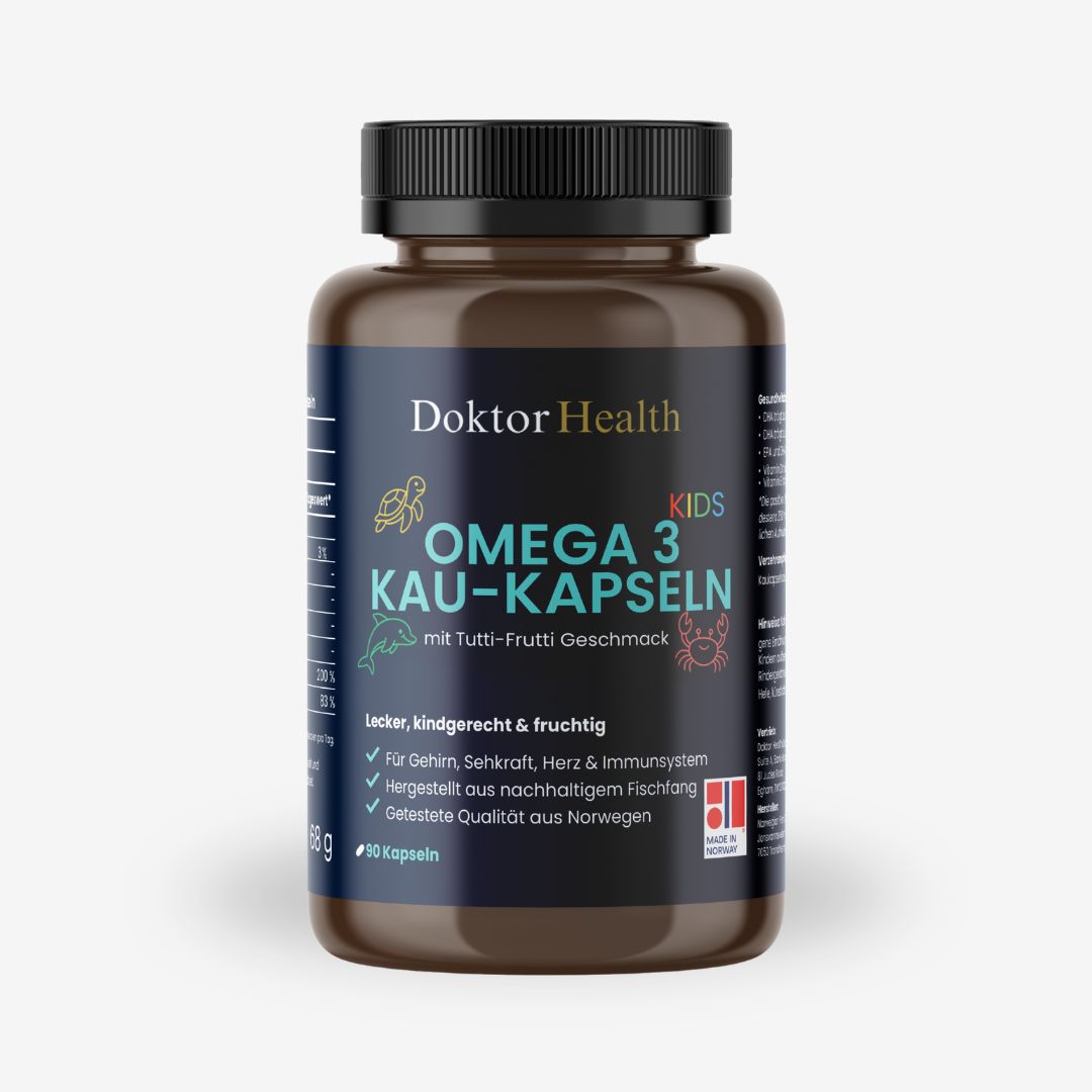 Braune Flasche mit schwarzen Deckel. Aufschrift: Doktor Health Omega 3 Kau-Kapseln für Kinder. Mit Tutti-Frutti Geschmack. 90 Kapseln.
