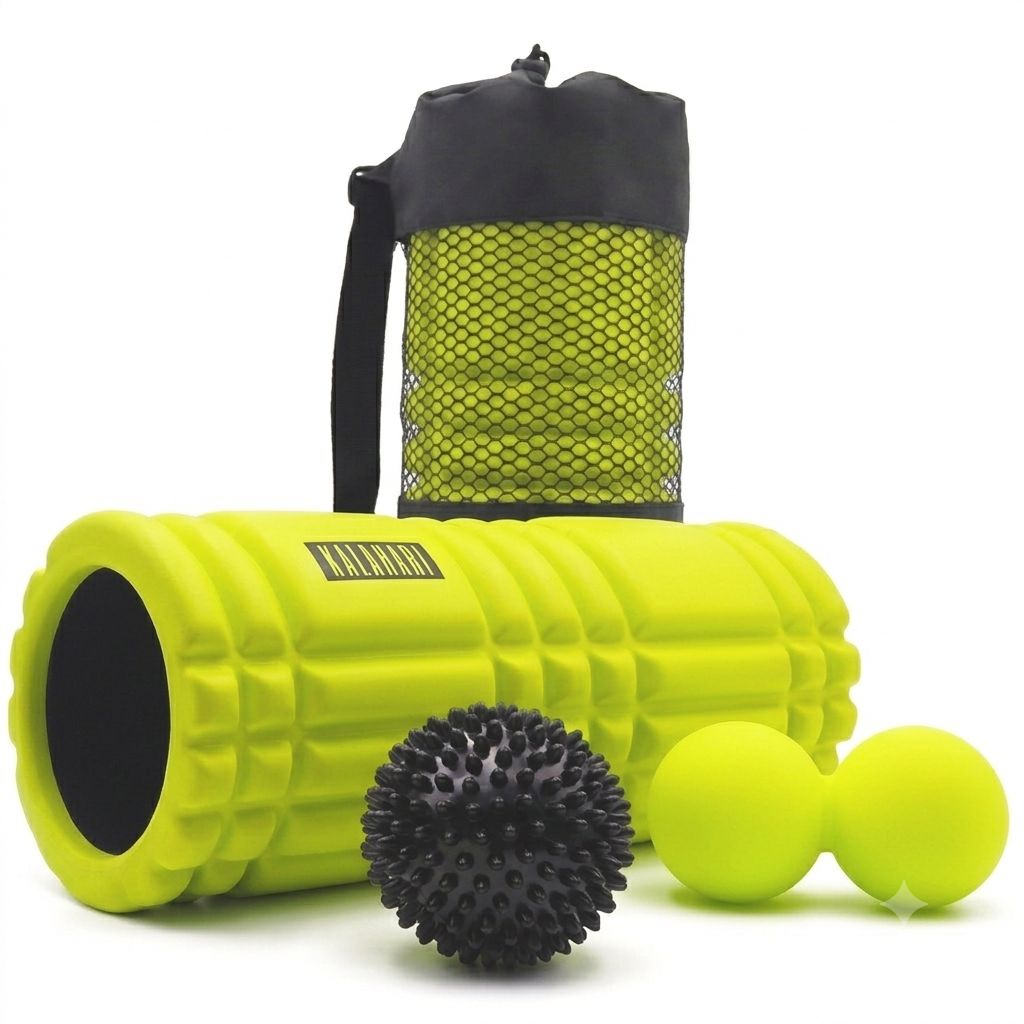 Faszienrolle Set: Gelbe Rolle, Igelball, Duoball und schwarze Tasche.