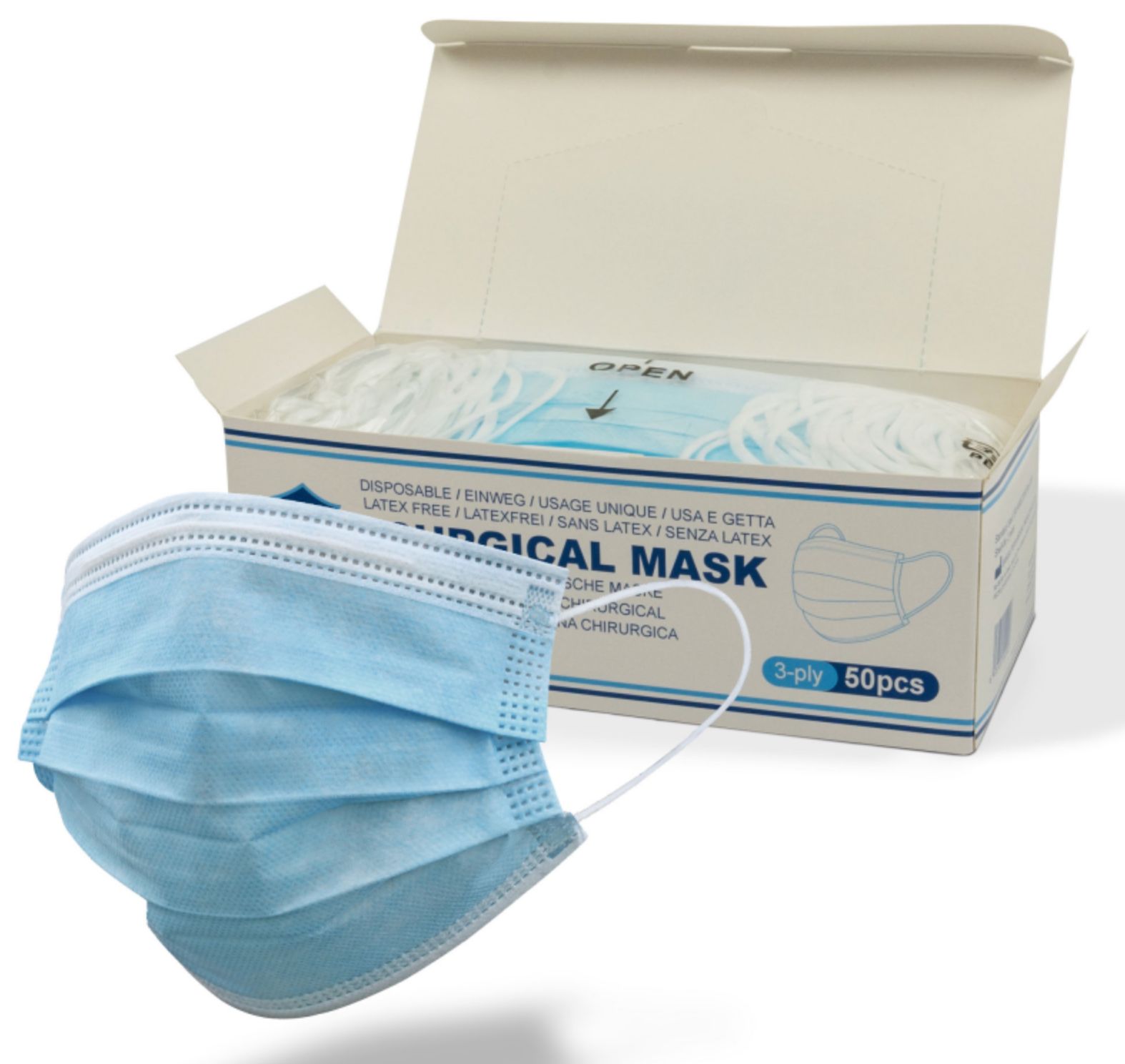 Blaue OP-Maske mit weißem Gummiband. Box mit 50 Masken, geöffnet. Aufschrift: SURGICAL MASK, 3-lagig, 50 Stück.
