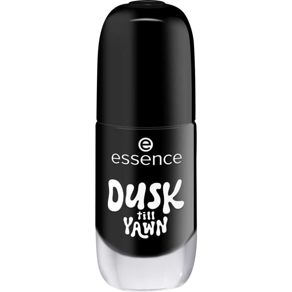 Geschlossene Nagellackflasche, schwarz. Aufschrift: Essence, Dusk till Yawn.