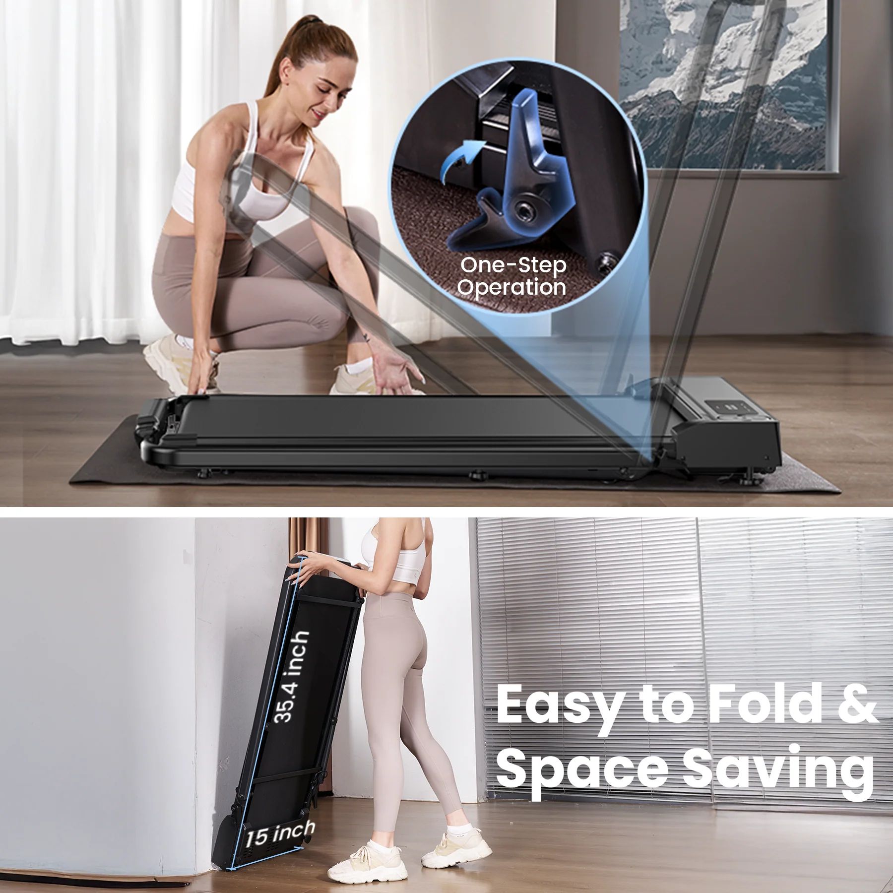 Laufband wird zusammengeklappt. Text: Easy to Fold & Space Saving. Maße: 35,4 Zoll x 15 Zoll.