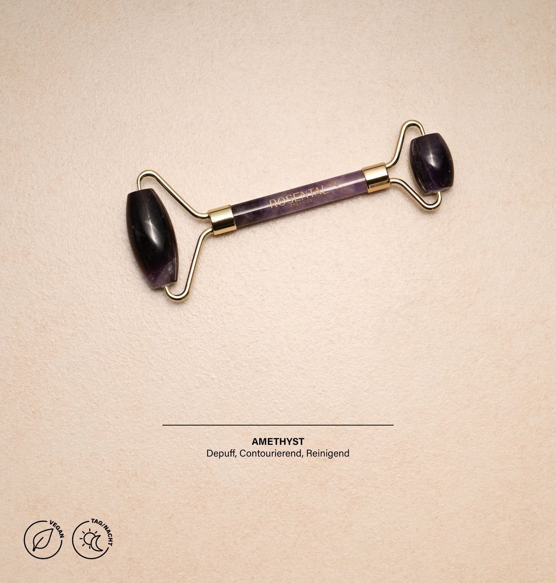 Amethyst Roller mit goldenen Halterungen. Text: AMETHYST, Depuff, Contourierend, Reinigend.