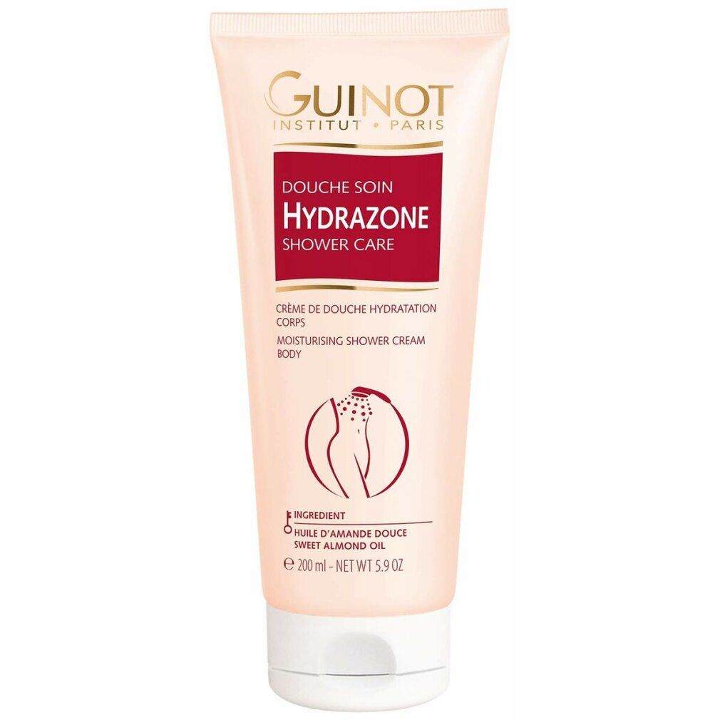 Rosa Tube mit rotem Etikett. Aufschrift: Guinot, Douche Soin Hydrazone, Shower Care. Mit Illustration.
