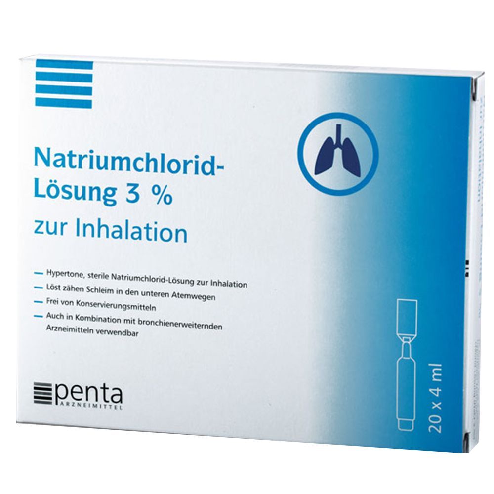 Karton mit Aufschrift Natriumchlorid-Lösung 3% zur Inhalation. Enthält Ampullen. Logo: Lunge. Marke: penta.