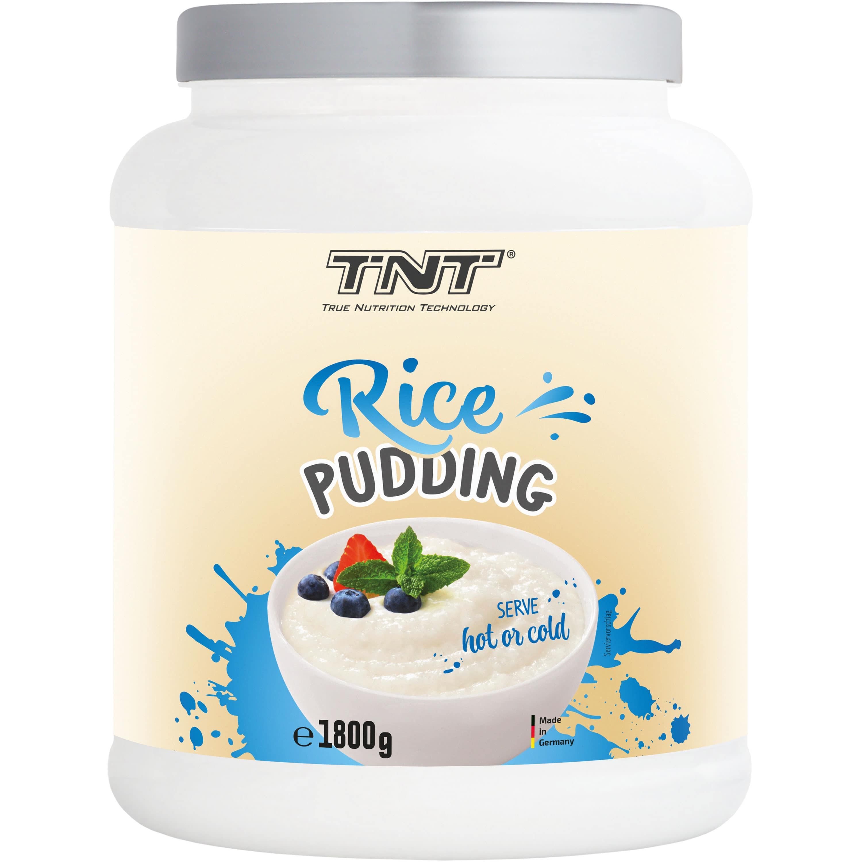 Weißes TNT Rice Pudding-Behälter. Aufschrift: Rice Pudding, 1800g. Abbildung von Pudding mit Beeren. "Serve hot or cold".