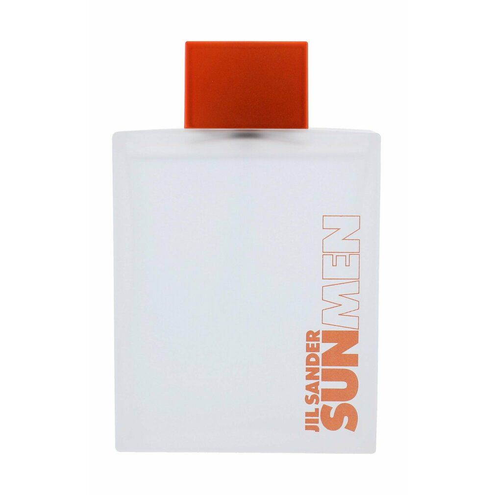 Rechteckiger Flakon mit orangefarbenem Verschluss. Aufschrift SUN MEN und Jil Sander. Sprühkopf sichtbar.