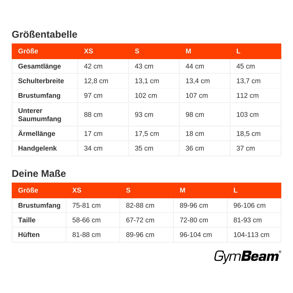 Größentabelle für Damenbekleidung mit Maßen für T-Shirts und Hosen in verschiedenen Größen.