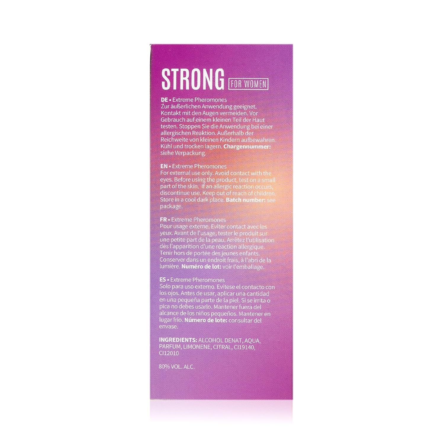 Rückseite der Pherofly Strong for Women Verpackung. Text in mehreren Sprachen, Inhaltsstoffe.