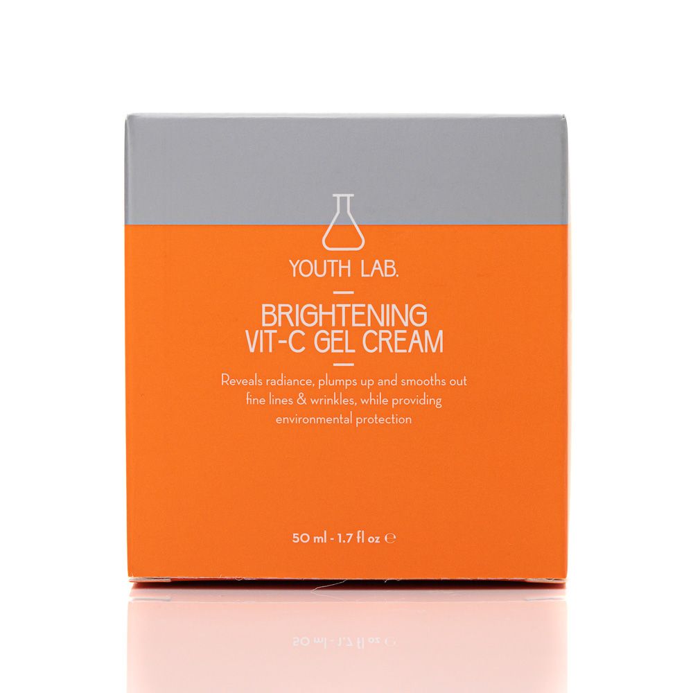 Orangefarbene Schachtel mit silbernem Deckel. Aufschrift: YOUTH LAB. Brightening Vit-C Gel Cream. Text: Reveals radiance, plumps up and smooths out fine lines & wrinkles.