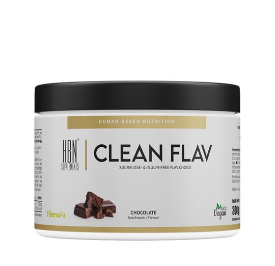 Behälter mit "HBN Supplements Clean Flav". Schokoladen-Geschmack. Vegan-Siegel. Schwarzer Deckel, weißer Behälter.