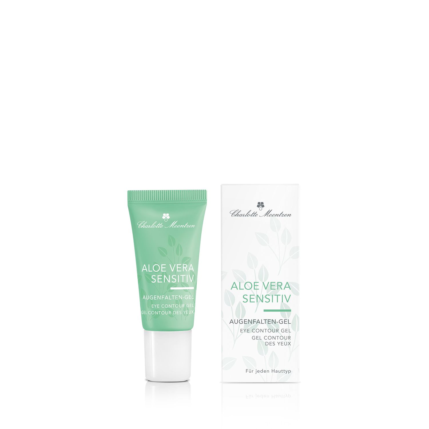 Grüne Tube und Schachtel. Auf der Tube steht: Aloe Vera Sensitiv, Augenfalten-Gel. Auf der Schachtel steht: Charlotte Meentzen, Aloe Vera Sensitiv.