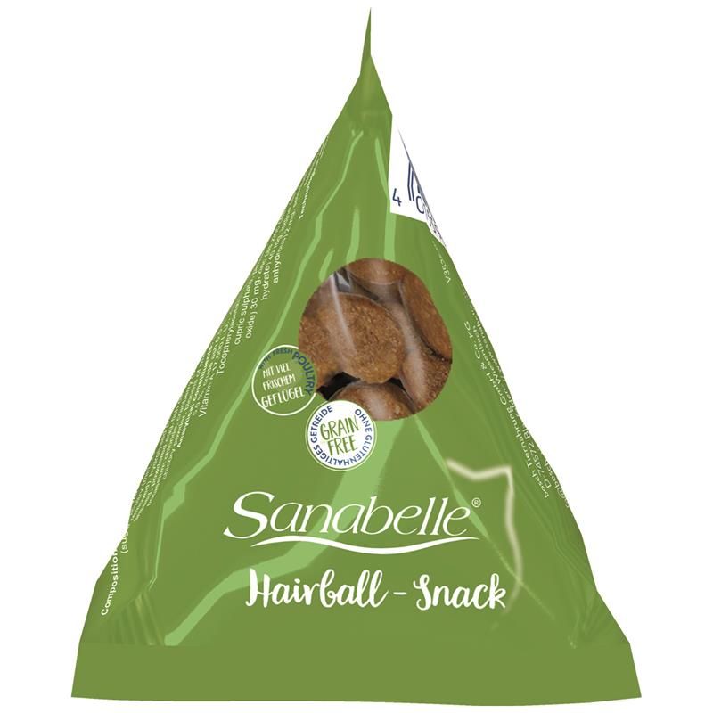Sanabelle Hairball-Snack Packung mit getreidefreien Snacks für Katzen.