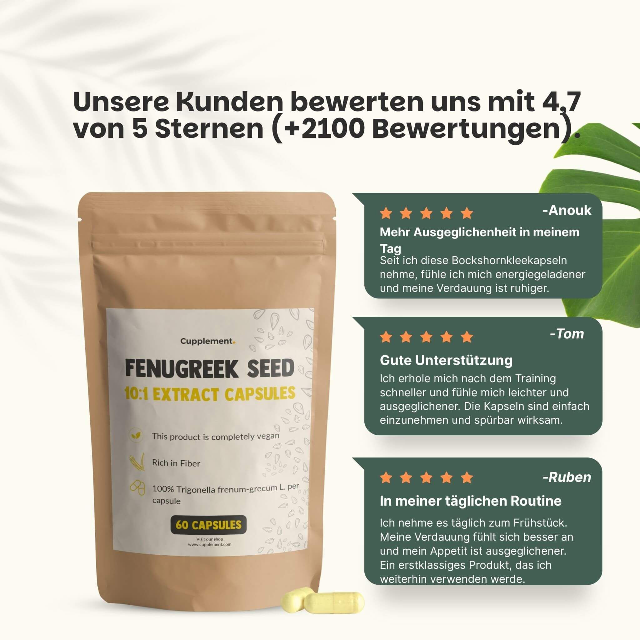 Beutel mit Kapseln. Text: Kunden bewerten uns mit 4,7 von 5 Sternen. Zitate von Kunden.