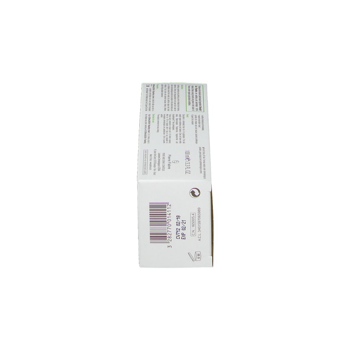 Seitenansicht der Produktverpackung. Text und Barcode. Informationen zur Haltbarkeit und Chargennummer.