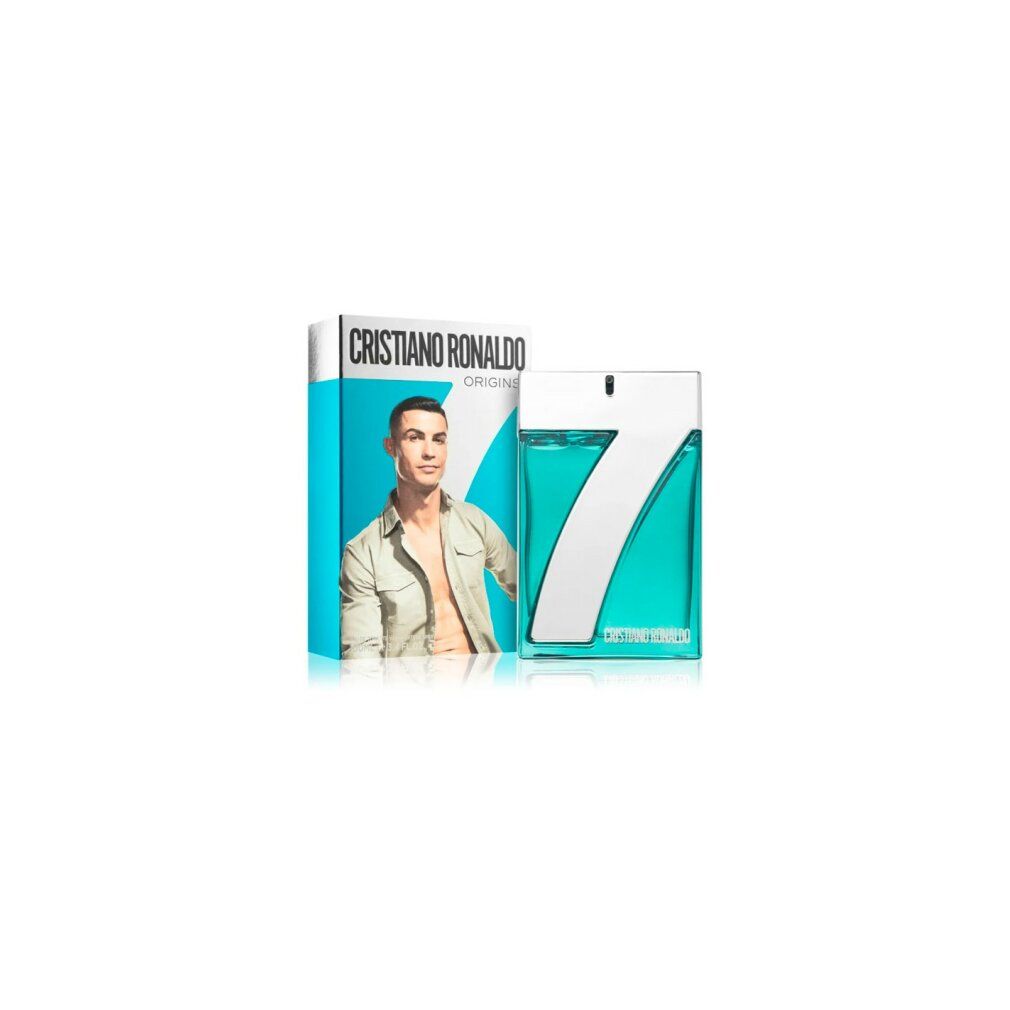 Cristiano Ronaldo 7Origins Eau de Toilette Flakon in Türkis mit silbernem '7'-Design.