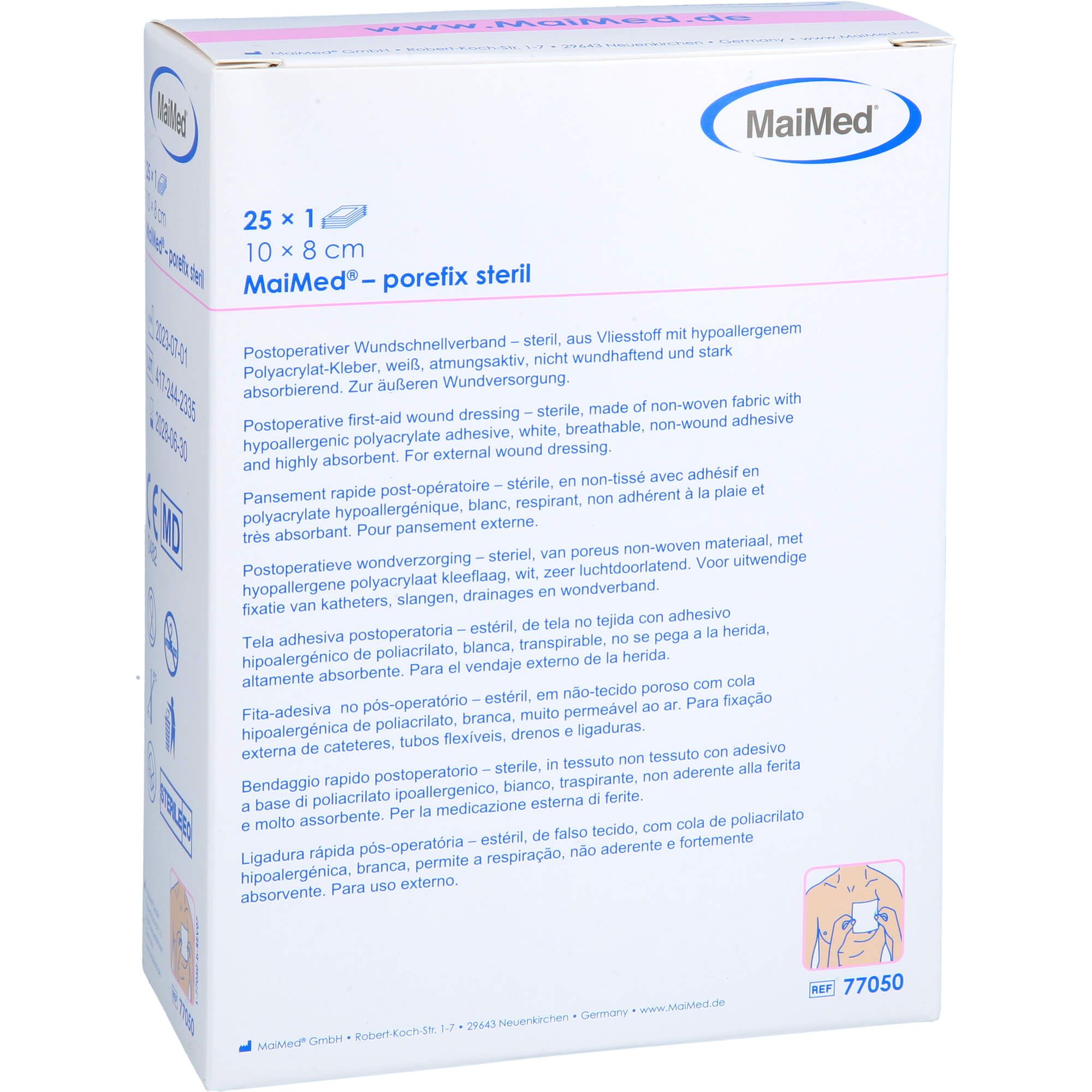 MaiMed porefix steril Packung. 10 x 8 cm. Weiße Verpackung mit Produktinformationen und Text in mehreren Sprachen.