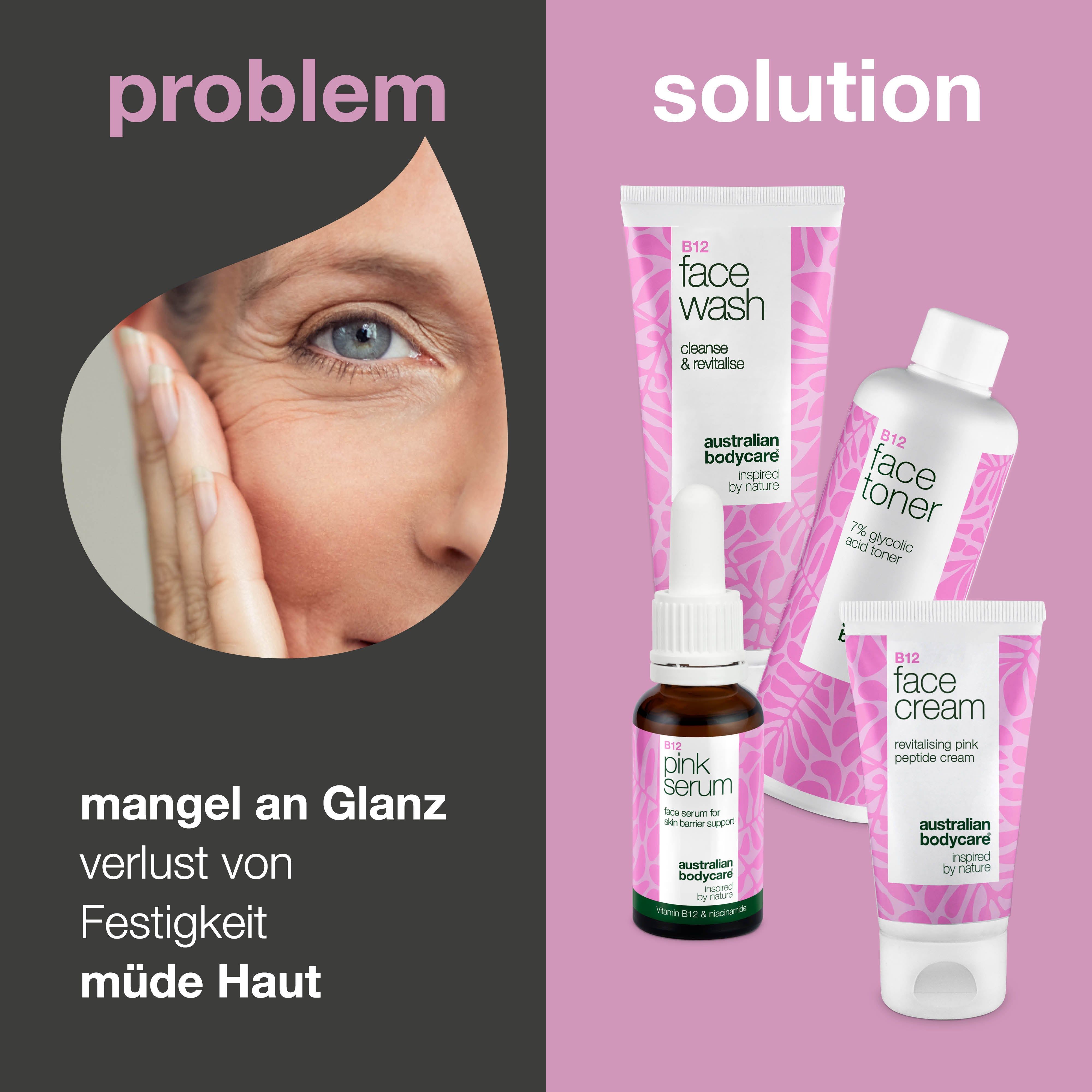 Gesicht einer Frau mit Falten, daneben die Kosmetikprodukte. Text: Mangel an Glanz, Verlust von Festigkeit.