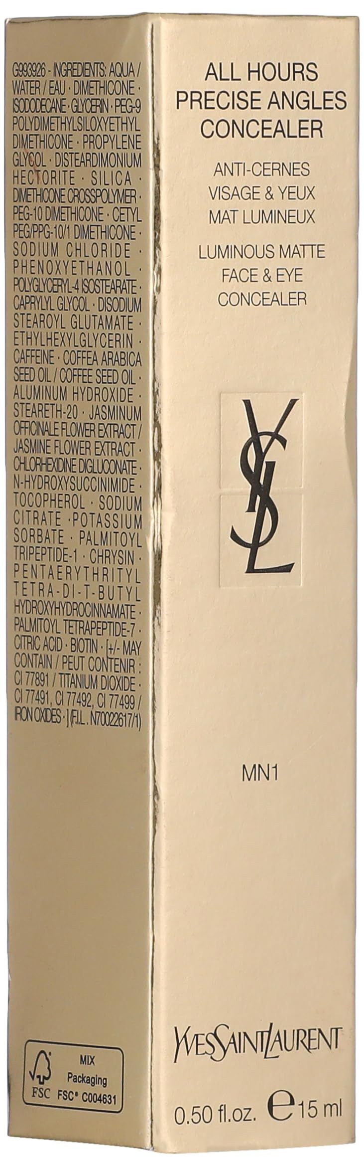 Verpackung YVES SAINT LAURENT ALL HOURS CONCEALER. Inhaltsstoffe, Text. Logo. MN1. 0.50 fl.oz. 15 ml.