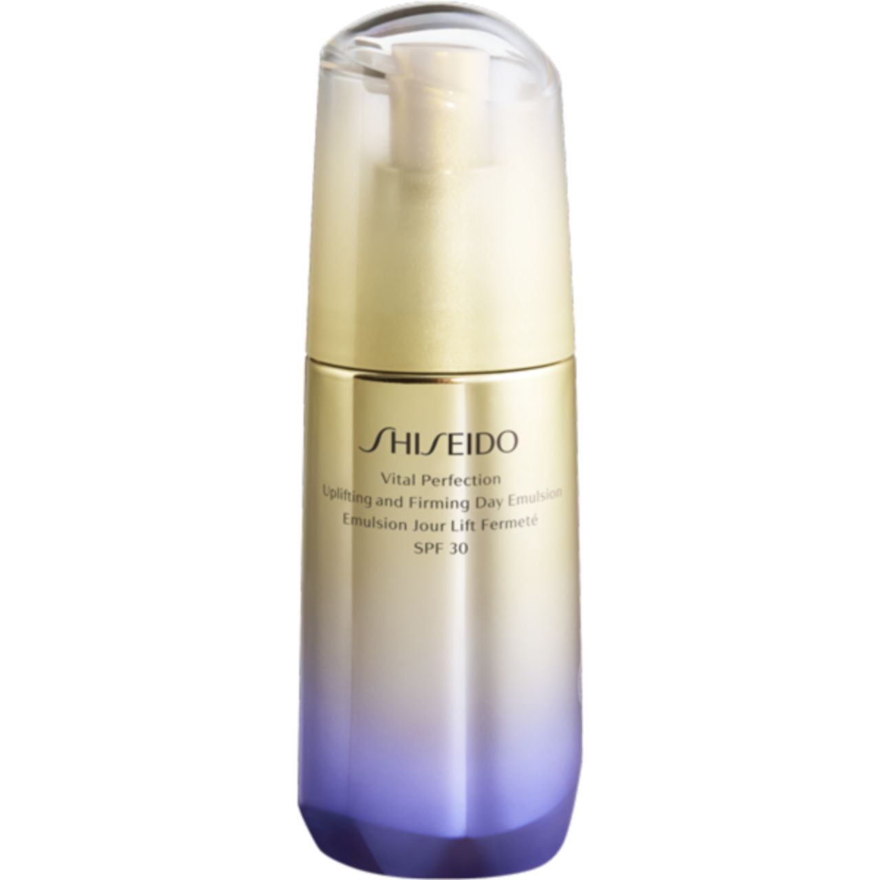 Shiseido Vital Perfection Emulsion. Flasche mit goldfarbenem Deckel und Pumpmechanismus. Farbverlauf von Gold zu Violett.