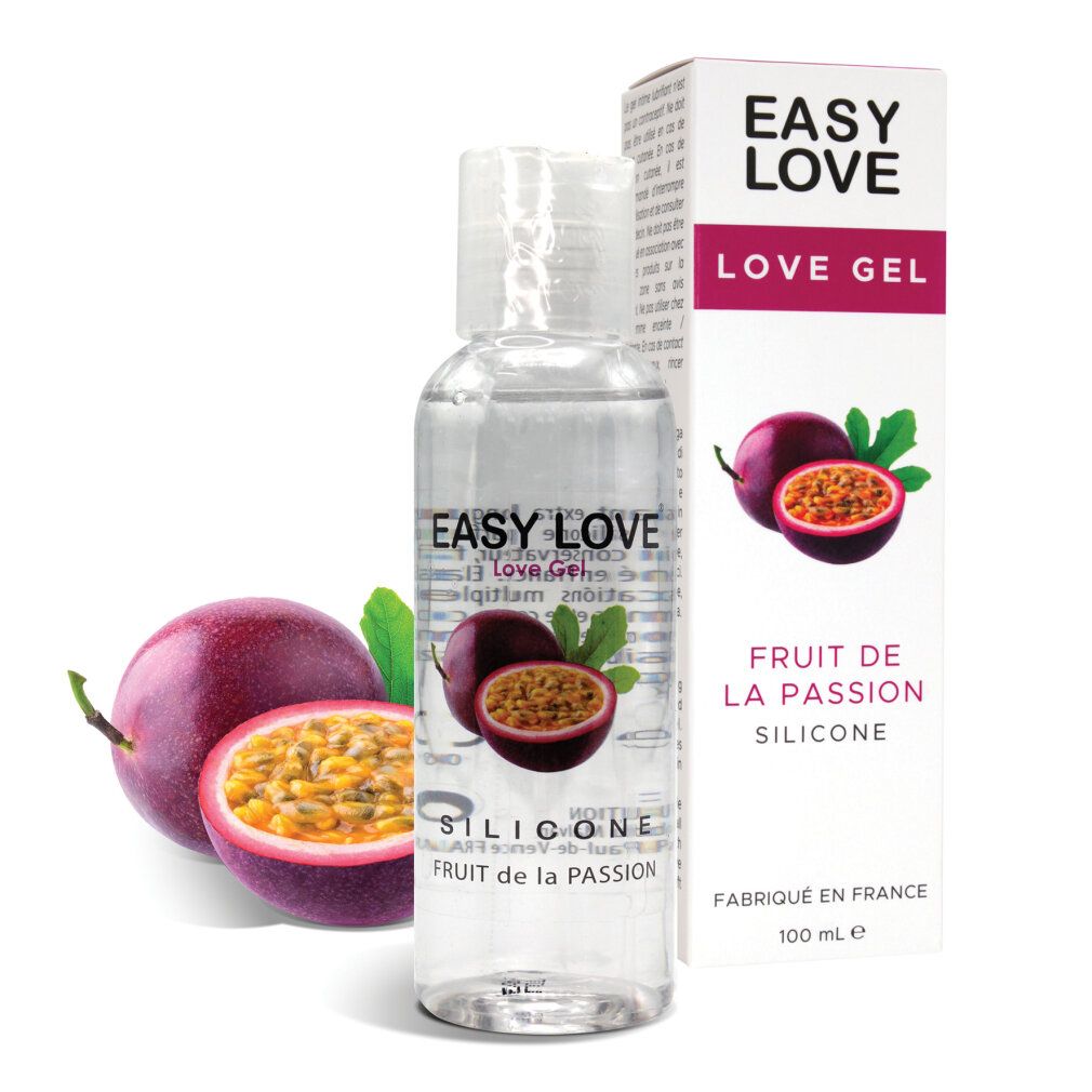 Klare Flasche mit Produkt und Verpackung. Aufschrift "Easy Love Love Gel". Abgebildet sind Maracujas. Text: "Fruit de la Passion".