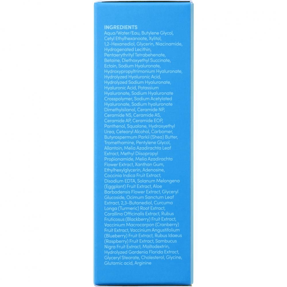 Liste der Inhaltsstoffe auf blauem Karton.
