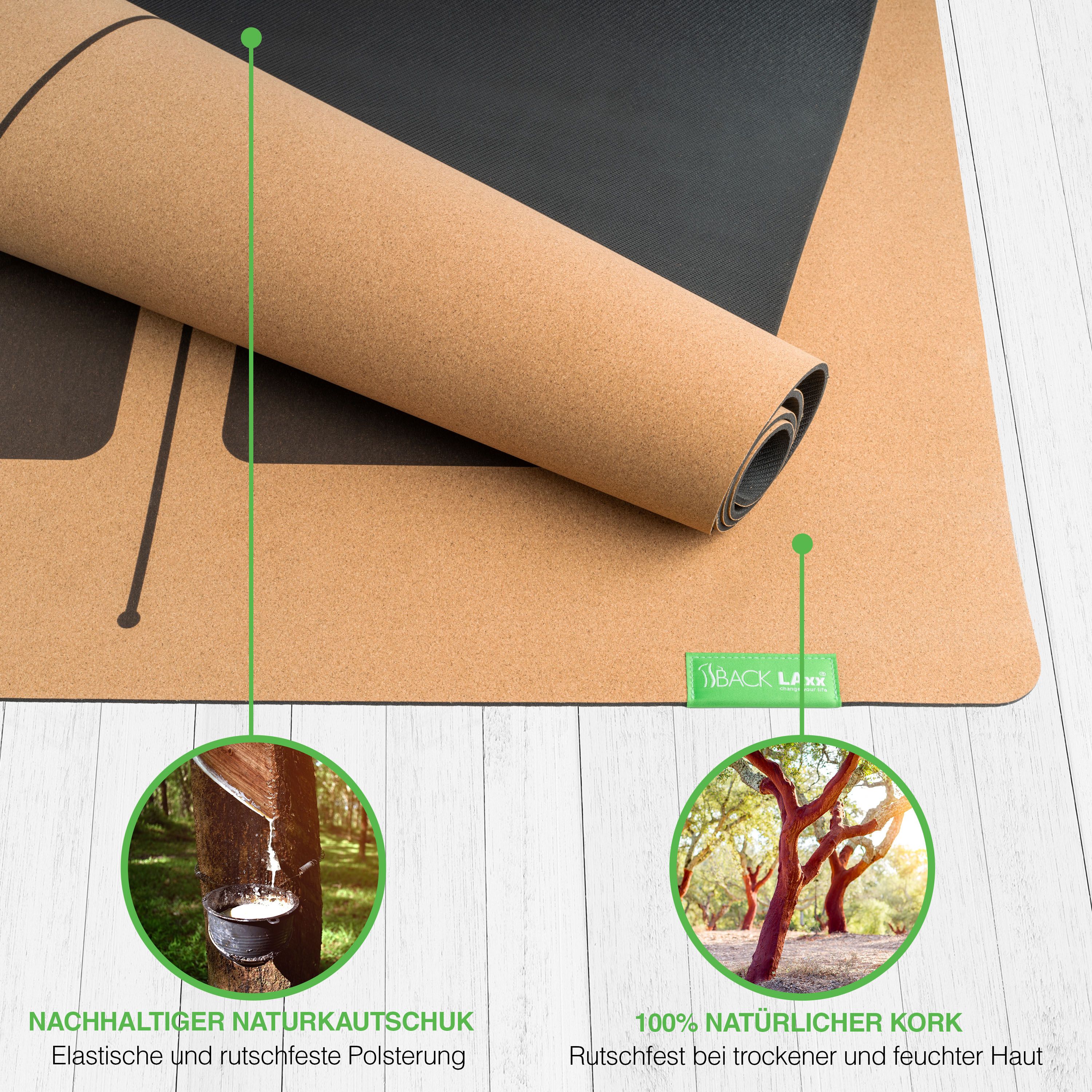 BACKLAxx® Yogamatte Kork mit Naturkautschuk 200x84x0,4cm