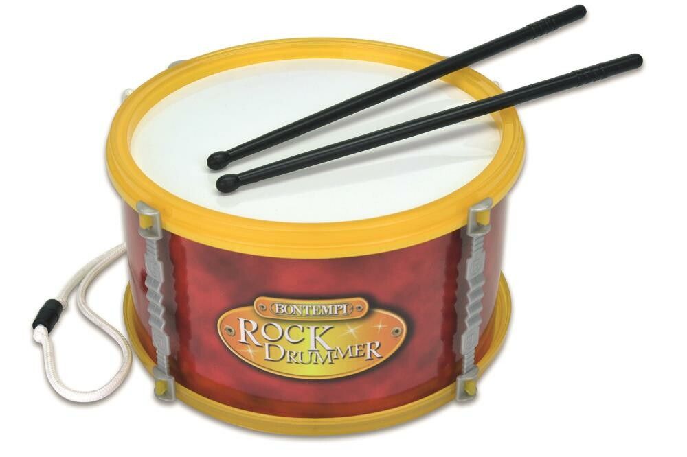 Rote Trommel mit gelbem Rand und zwei schwarzen Trommelstöcken. Auf der Trommel steht "Rock Drummer". Mit Trageband.