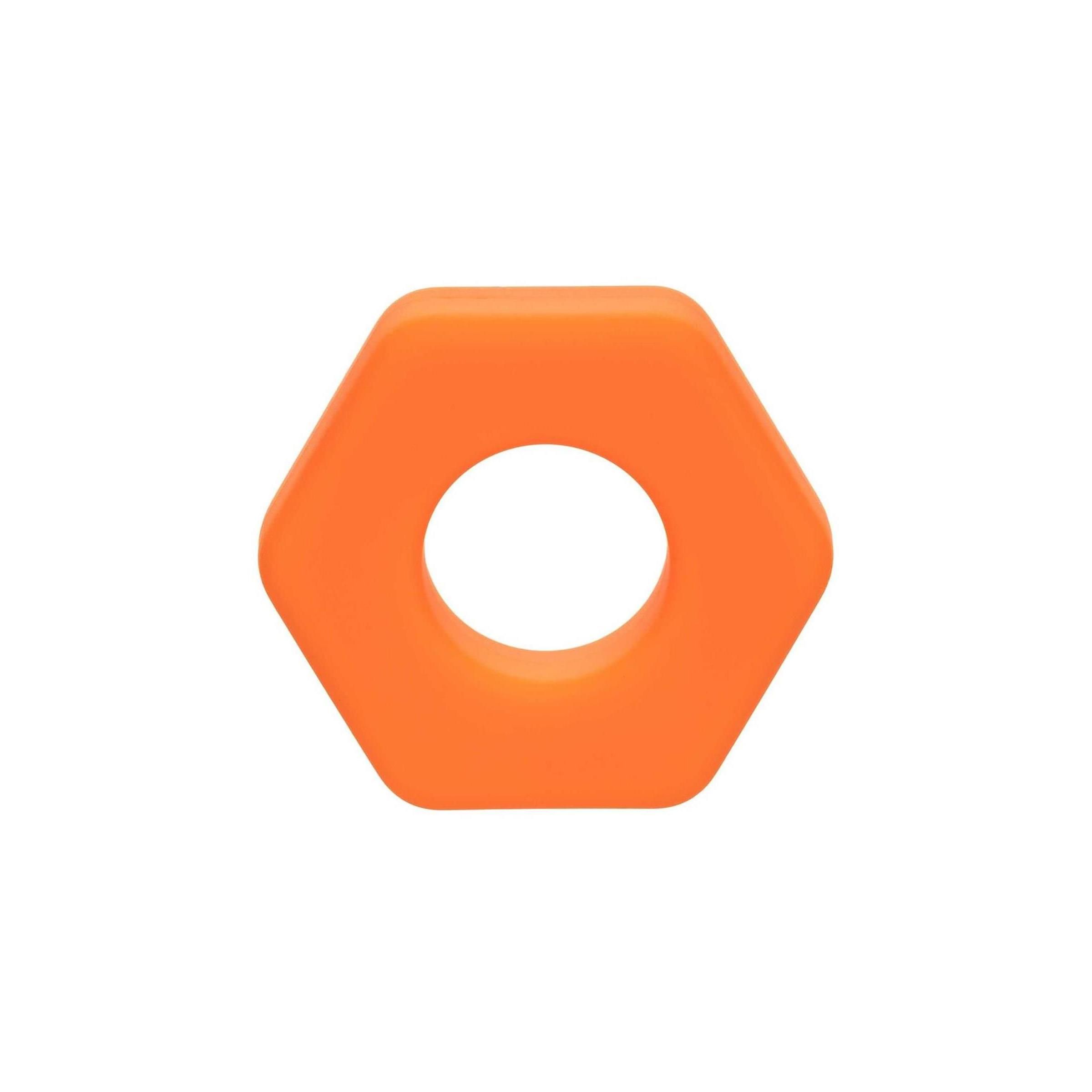 Orangener Sexagon-Ring mit rundem Loch in der Mitte. Aus Silikon.