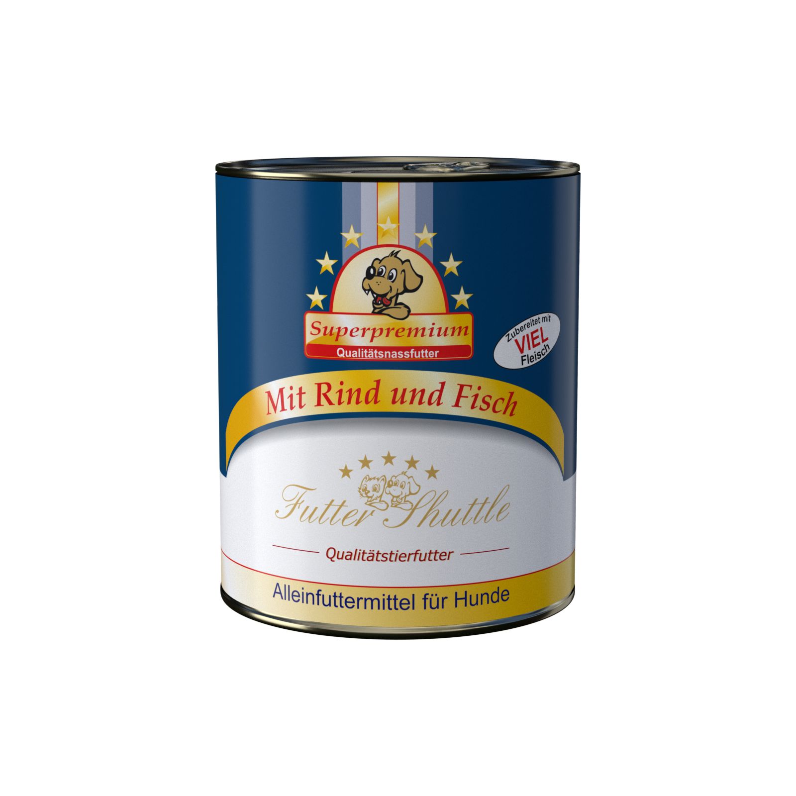 Hundefutter-Dose. Blau, goldfarben und weiß. Aufschrift: Superpremium, Mit Rind und Fisch, Futter Shuttle, Alleinfuttermittel für Hunde.