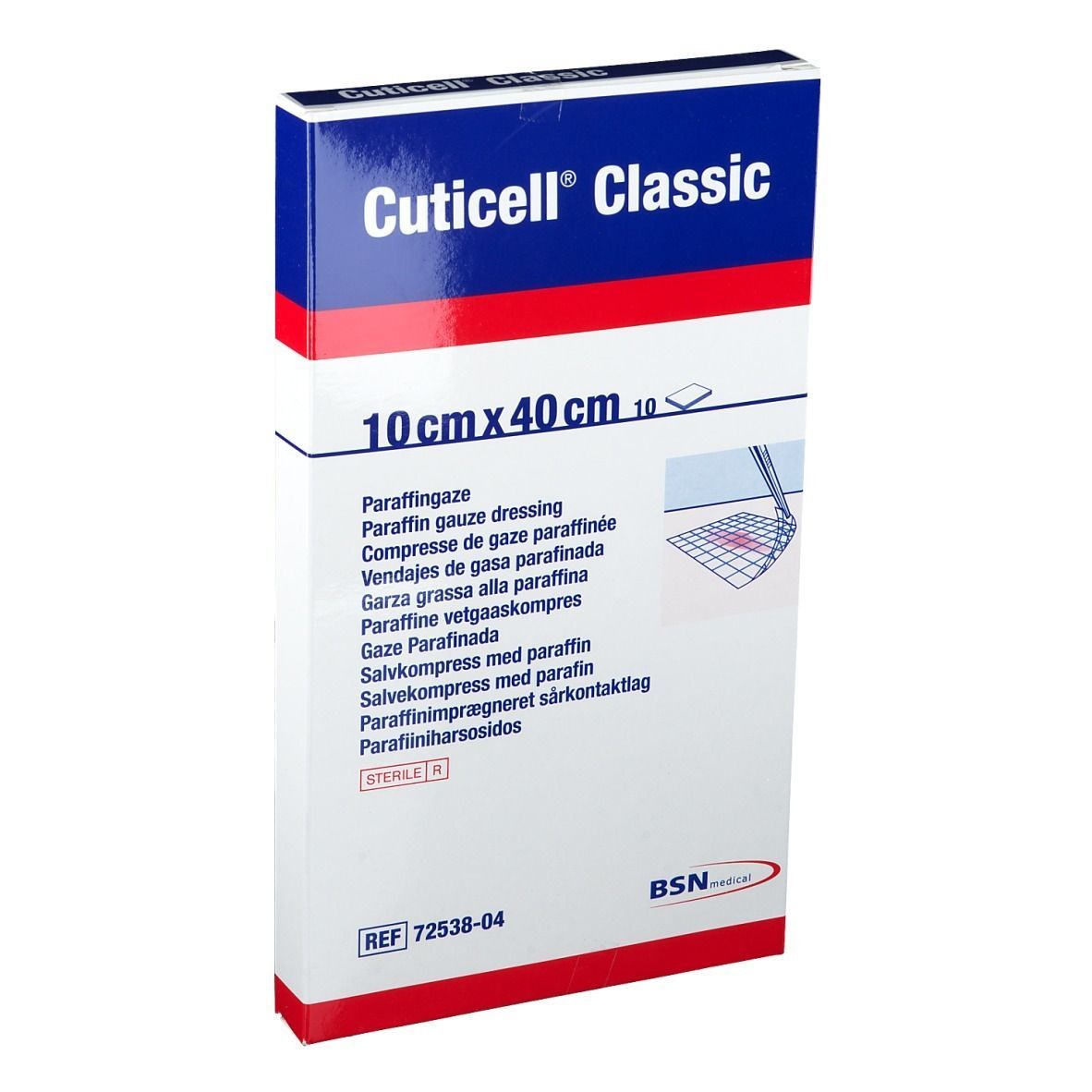 Verpackung von Cuticell® Classic, 10 cm x 40 cm. Enthält Paraffingazeverband. Blaue und weiße Schachtel mit Produktinformationen.