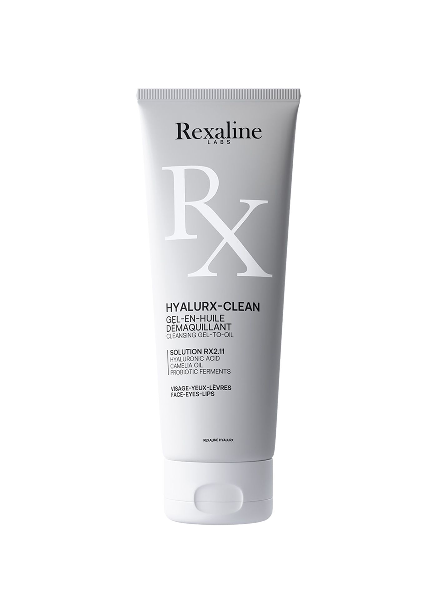 Graue Tube mit weißem Deckel. Aufschrift: Rexaline, Hyalurx-Clean, Gel-en-huile démaquillant. Enthält Hyaluronsäure und Kamelienöl.