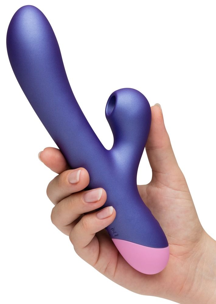 Lila Vibrator mit rosa Spitze, gehalten von einer Hand. Der Vibrator hat eine gebogene Form mit einem hervorstehenden Teil.