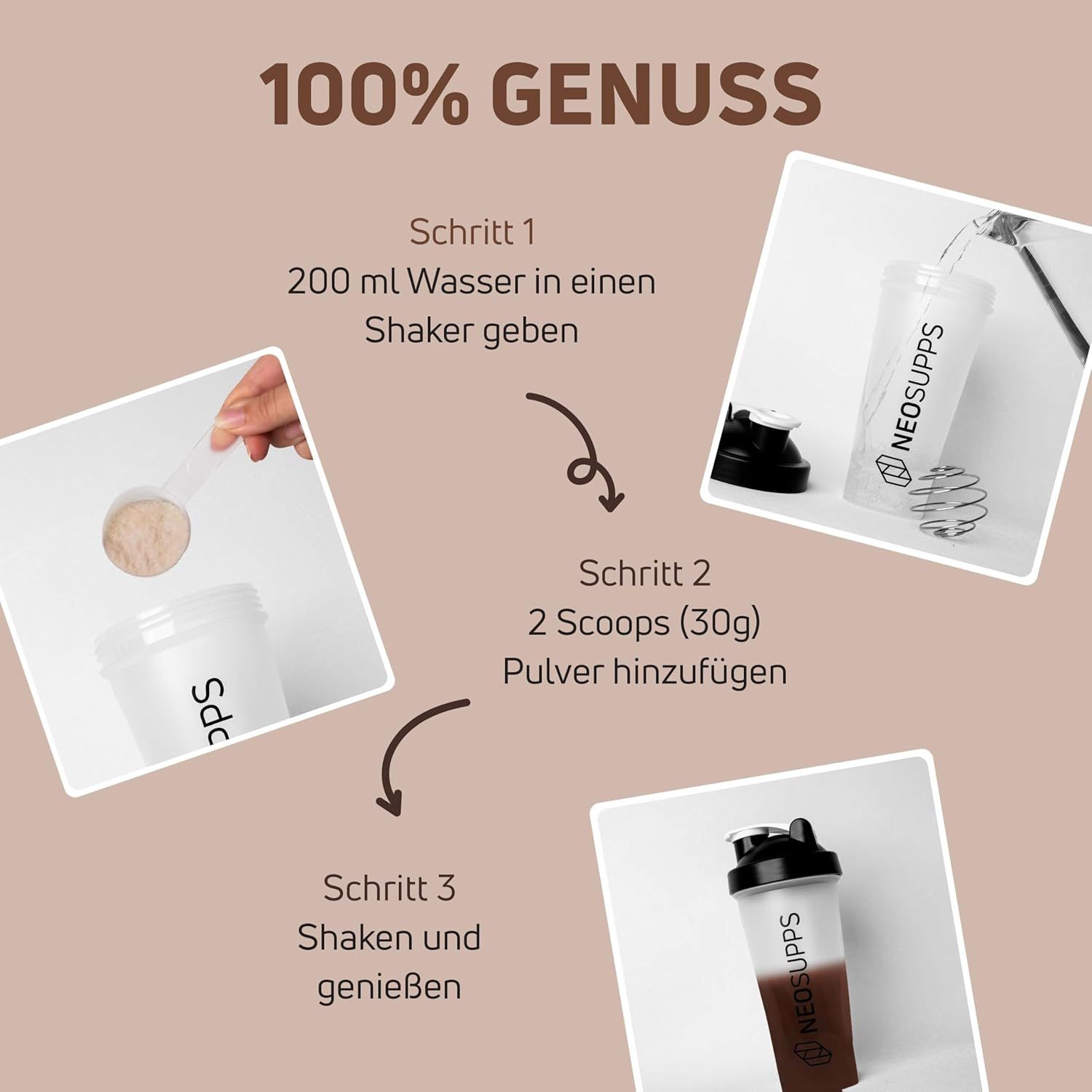 Anleitung zur Zubereitung von Isolate Whey. 200 ml Wasser in Shaker, 2 Messlöffel Pulver hinzufügen, schütteln und genießen.