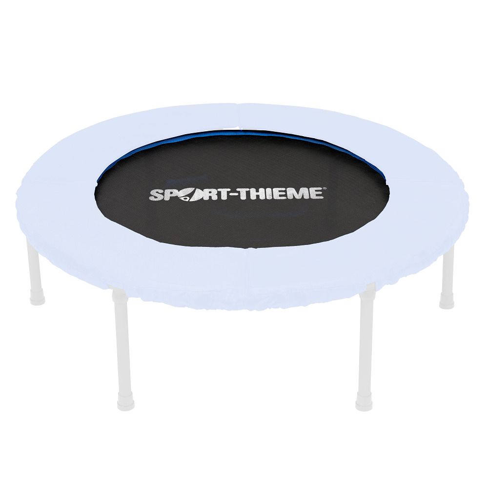 Rundes Trampolin mit schwarzem Sprungtuch und weißem Rand. Blaue Umrandung. Sport-Thieme Logo.