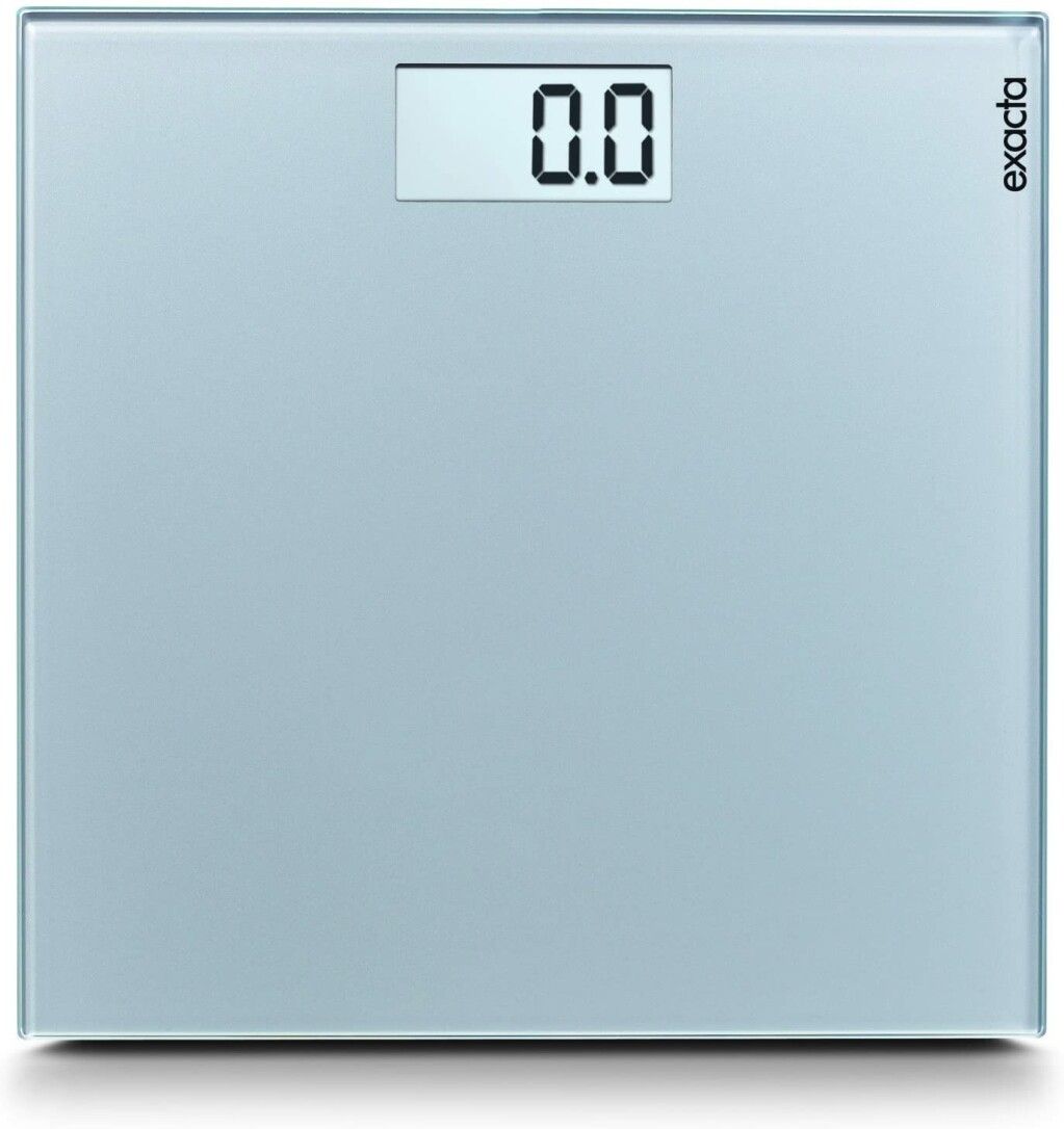 Digitale Personenwaage mit Glasoberfläche. Großes Display mit Anzeige "0.0". Marke "exacta" rechts oben.