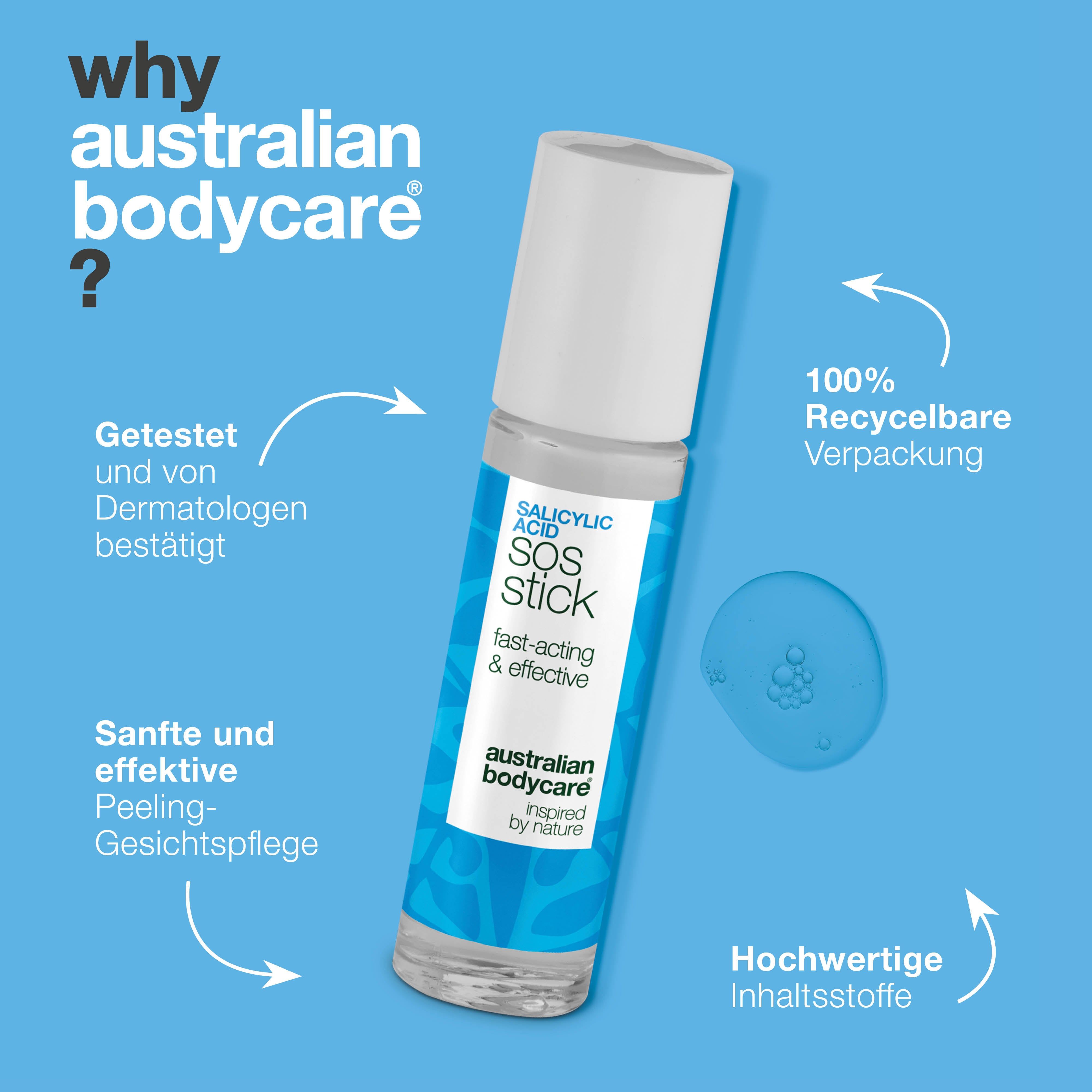 Stick mit Text: Getestet von Dermatologen, 100% recycelbare Verpackung, hochwertige Inhaltsstoffe. Blaue und weiße Verpackung.